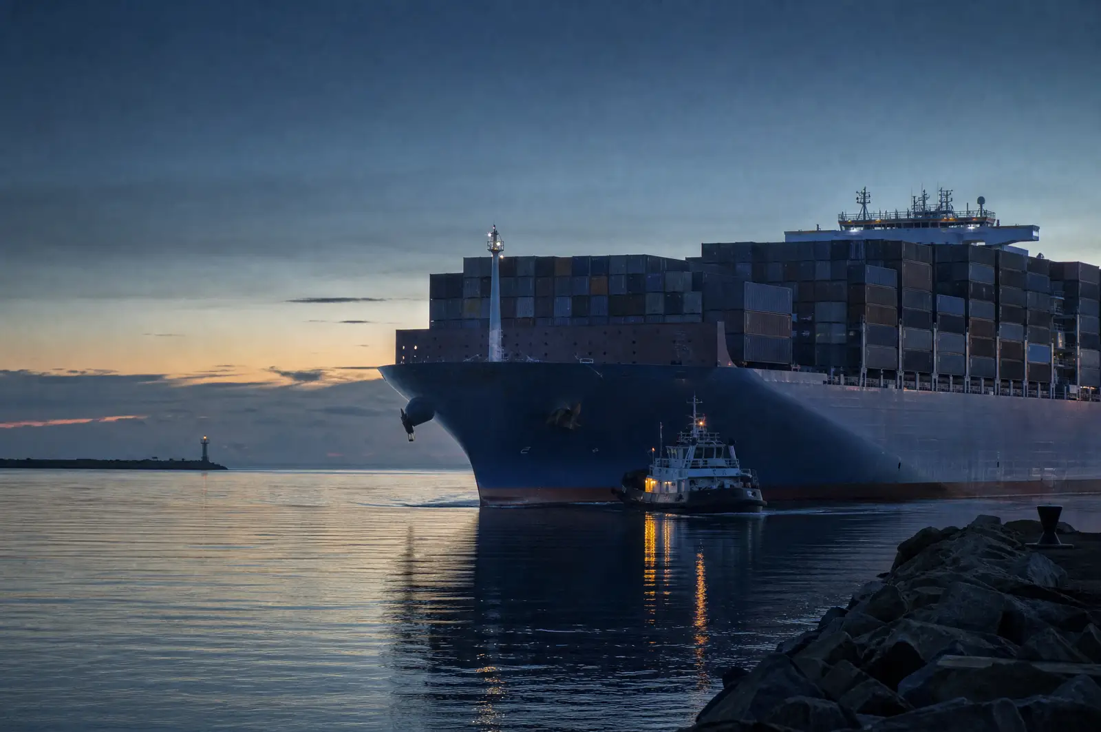 Un buque portacontenedores cargado sale del puerto al amanecer