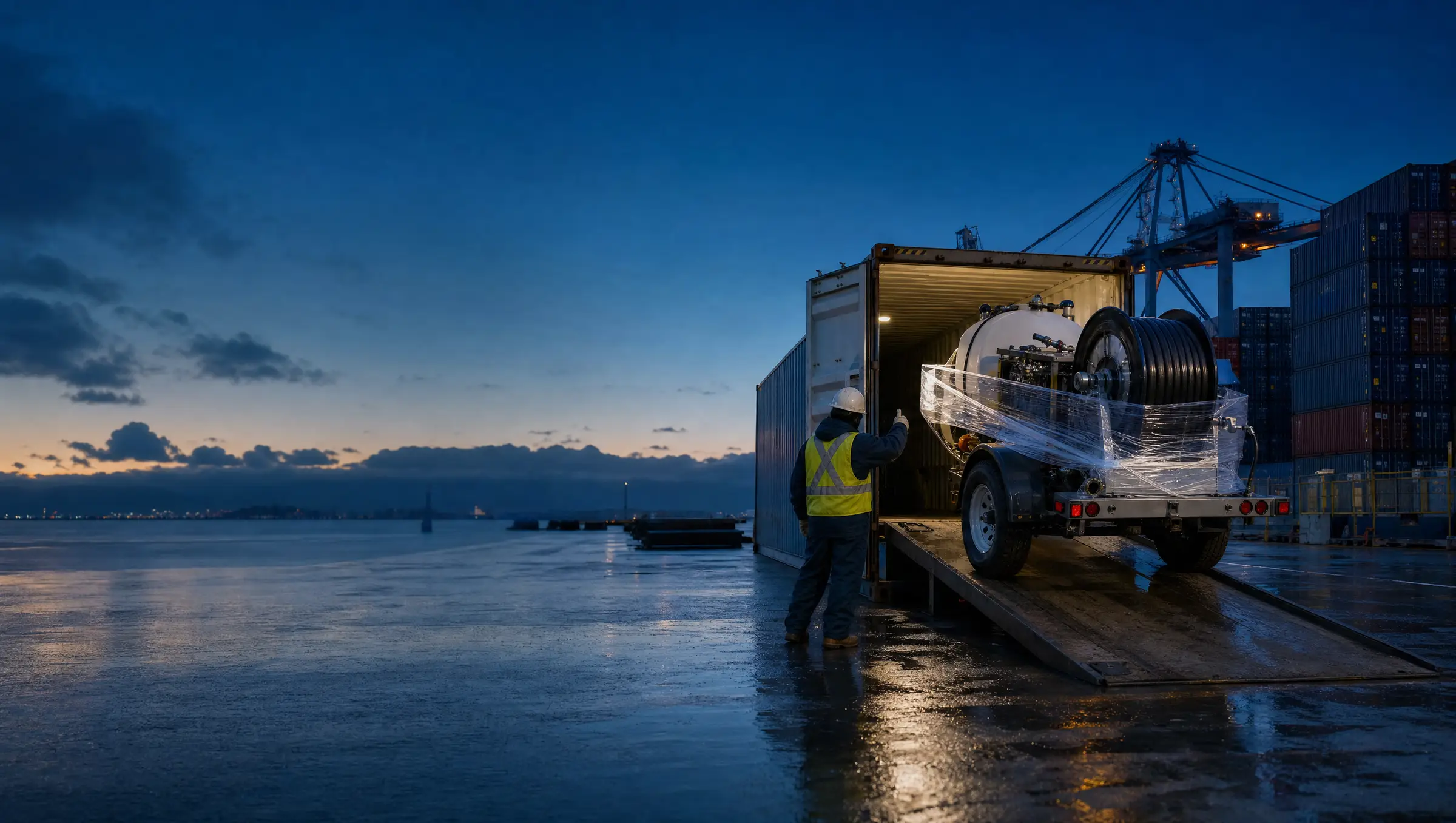 Un equipo hidrojet de remolque envuelto en plástico se carga en un contenedor en un puerto al atardecer