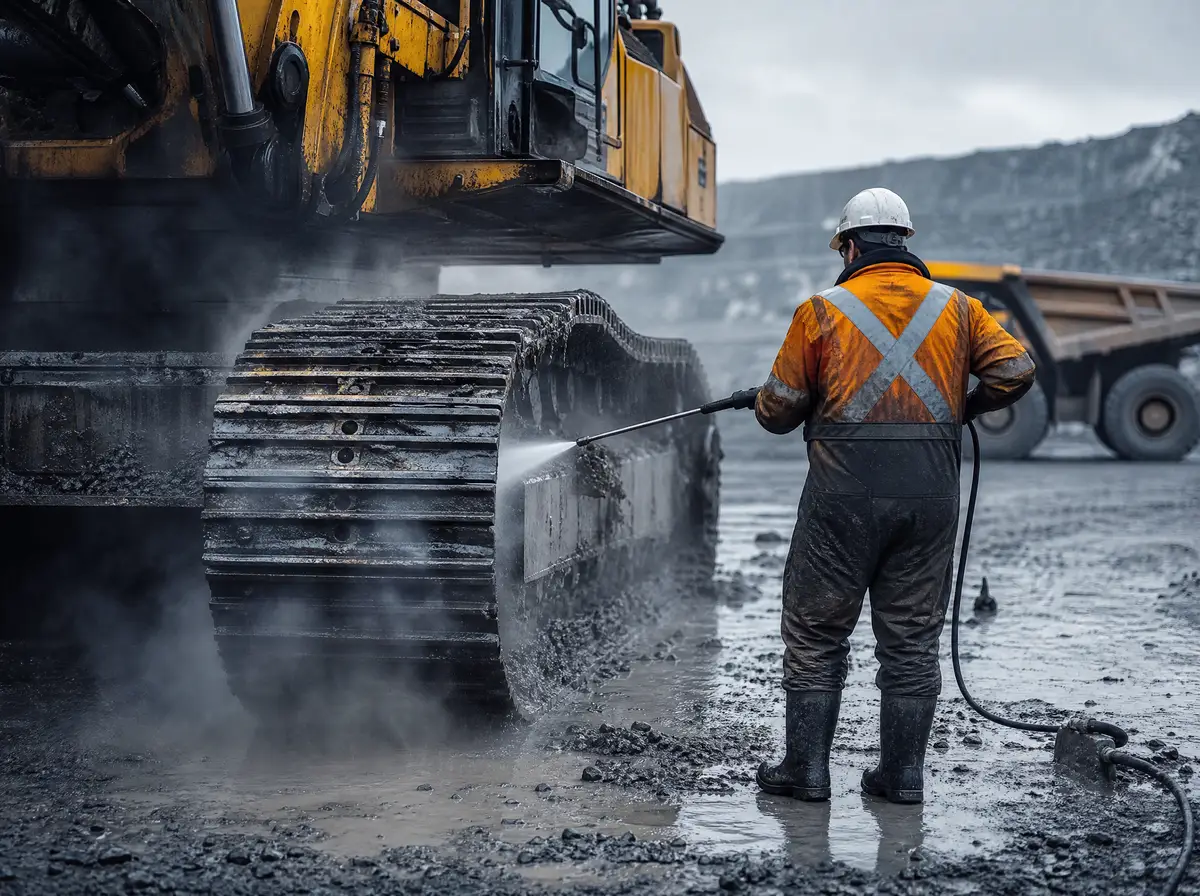 Un trabajador lava a presión las orugas de una excavadora en una mina