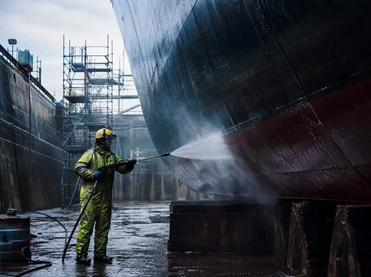 Un trabajador limpia el casco de un barco con una lanza de alta presión en dique seco